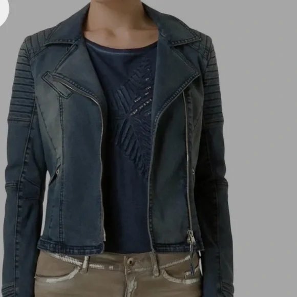 Marc Cain Blue Denim Biker Jacket  Quilted Moto Shoulders & Asymmetric Zip jeans - Picture 3 of 14